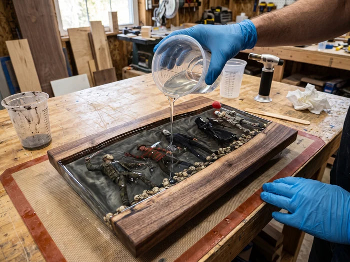 Pouring resin into walnut