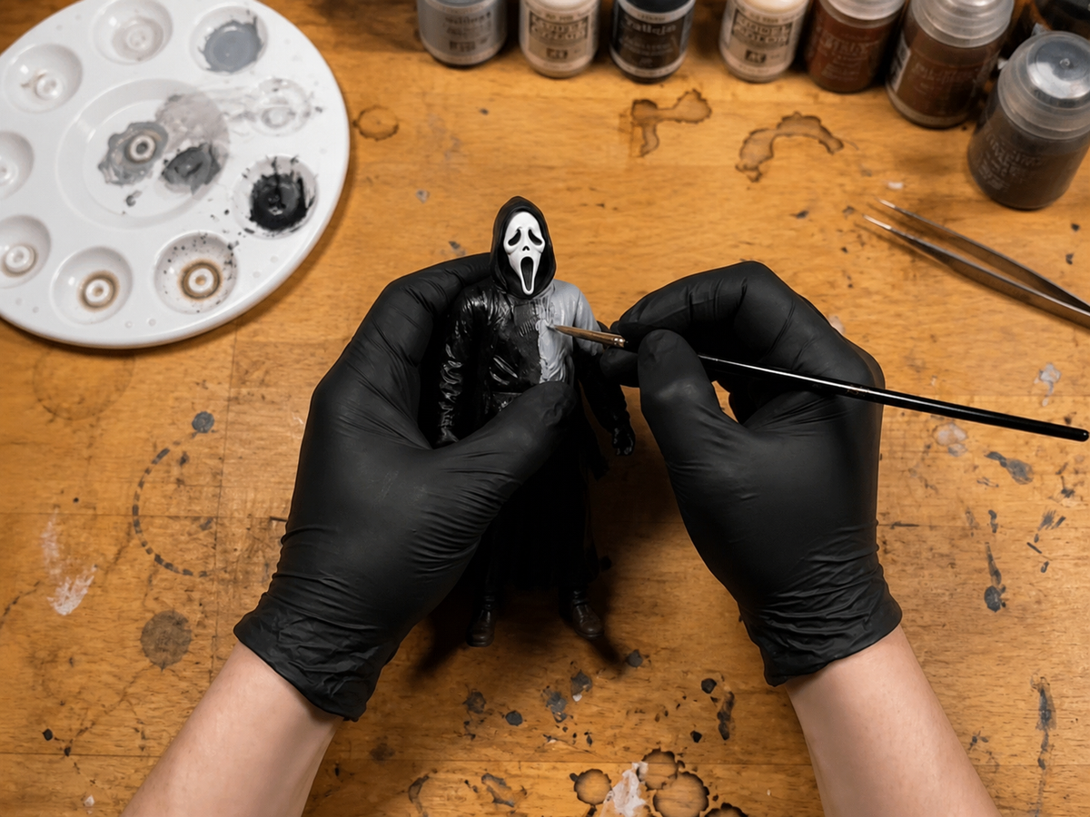 Hand-painting the miniature mask before it is set into the walnut